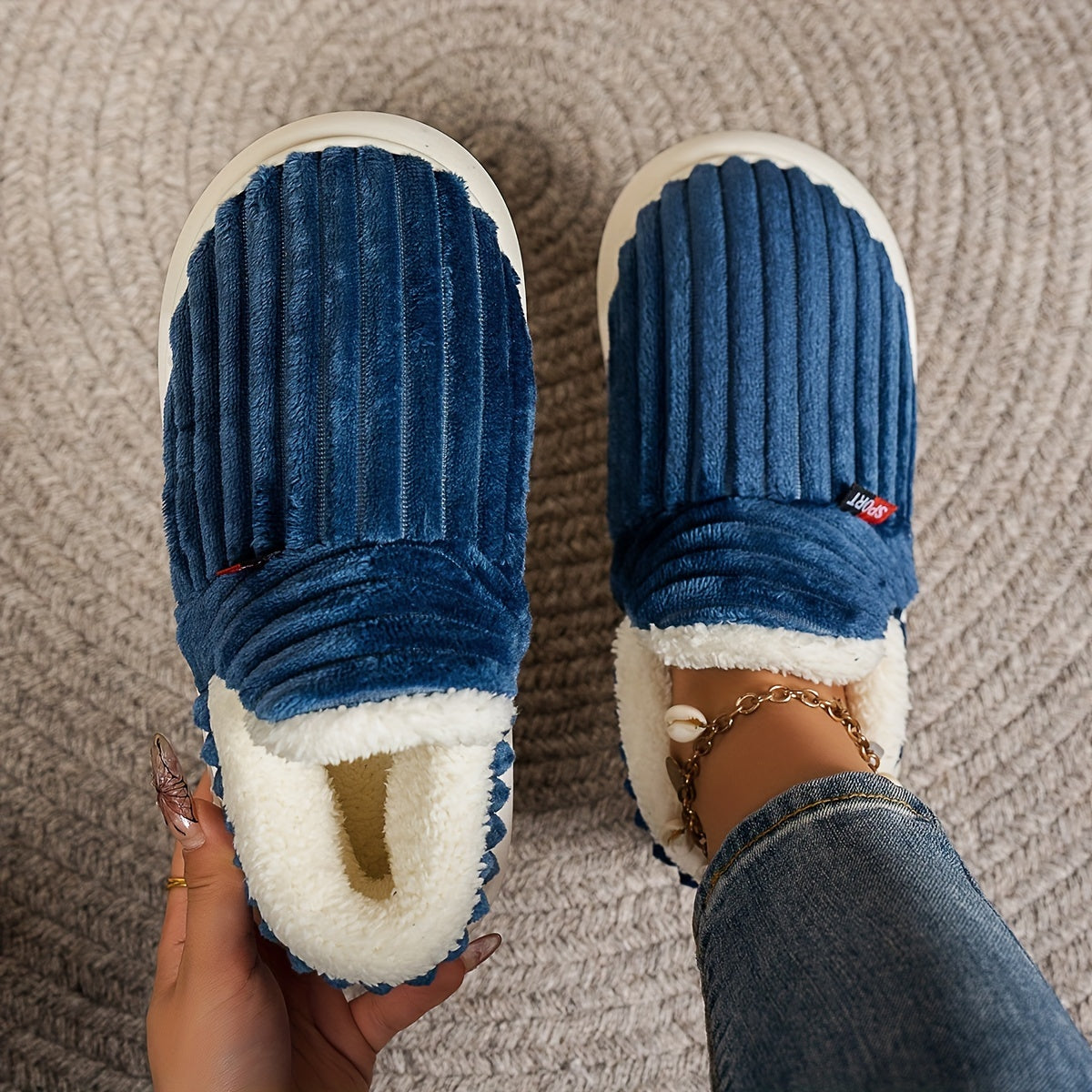 Women'S Fashion Fleece Slippers, Solid Color, All-Season Winter, Comfortable Non-Slip Warm Plush Thick Sole Indoor Outdoor Home Boots, Fabric Upper/Inner/Insole, TPR Sole, Hand Washable