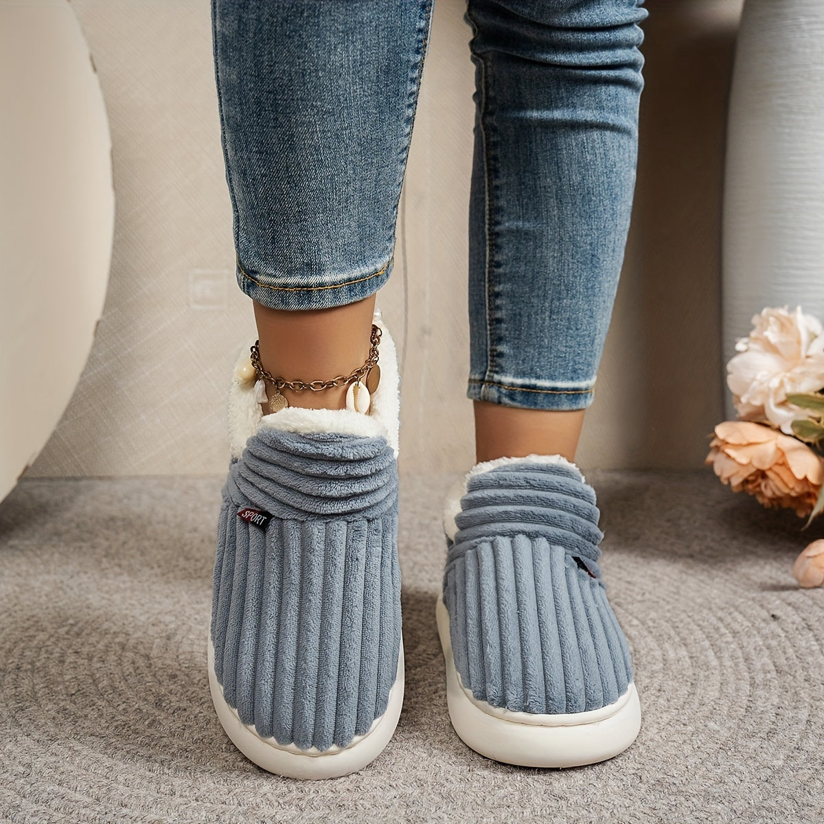Women'S Fashion Fleece Slippers, Solid Color, All-Season Winter, Comfortable Non-Slip Warm Plush Thick Sole Indoor Outdoor Home Boots, Fabric Upper/Inner/Insole, TPR Sole, Hand Washable