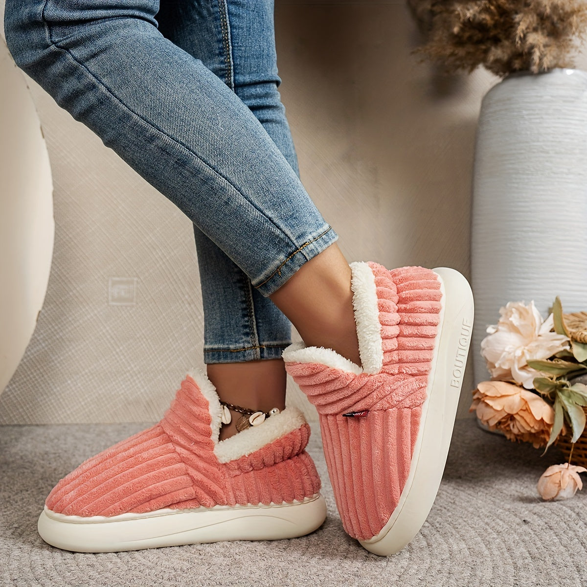 Women'S Fashion Fleece Slippers, Solid Color, All-Season Winter, Comfortable Non-Slip Warm Plush Thick Sole Indoor Outdoor Home Boots, Fabric Upper/Inner/Insole, TPR Sole, Hand Washable