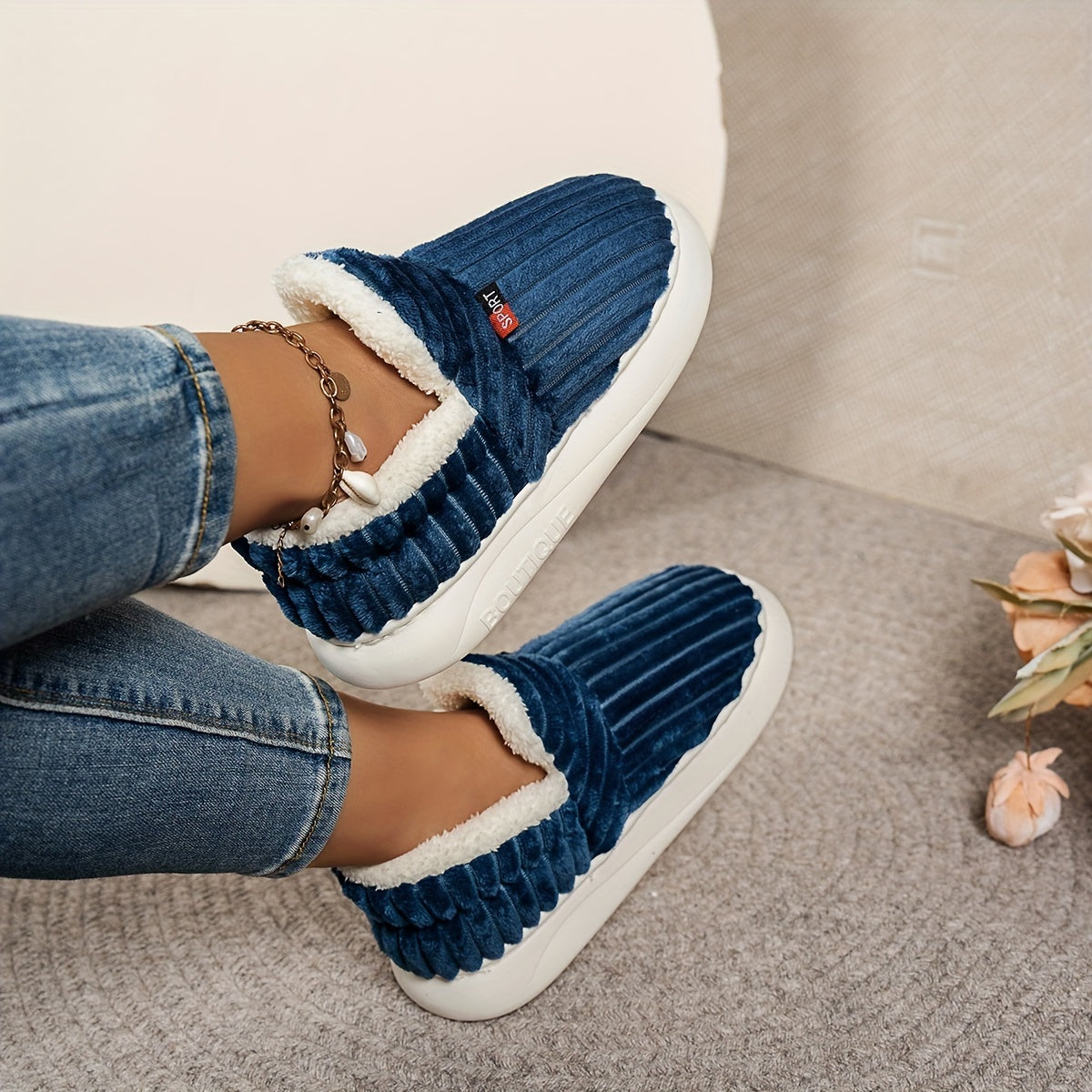 Women'S Fashion Fleece Slippers, Solid Color, All-Season Winter, Comfortable Non-Slip Warm Plush Thick Sole Indoor Outdoor Home Boots, Fabric Upper/Inner/Insole, TPR Sole, Hand Washable