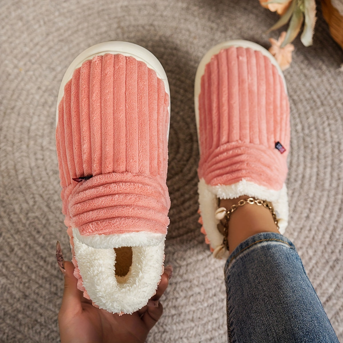 Women'S Fashion Fleece Slippers, Solid Color, All-Season Winter, Comfortable Non-Slip Warm Plush Thick Sole Indoor Outdoor Home Boots, Fabric Upper/Inner/Insole, TPR Sole, Hand Washable