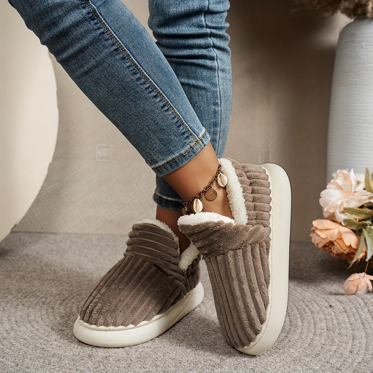 Women'S Fashion Fleece Slippers, Solid Color, All-Season Winter, Comfortable Non-Slip Warm Plush Thick Sole Indoor Outdoor Home Boots, Fabric Upper/Inner/Insole, TPR Sole, Hand Washable