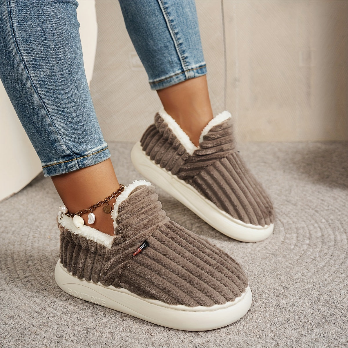 Women'S Fashion Fleece Slippers, Solid Color, All-Season Winter, Comfortable Non-Slip Warm Plush Thick Sole Indoor Outdoor Home Boots, Fabric Upper/Inner/Insole, TPR Sole, Hand Washable
